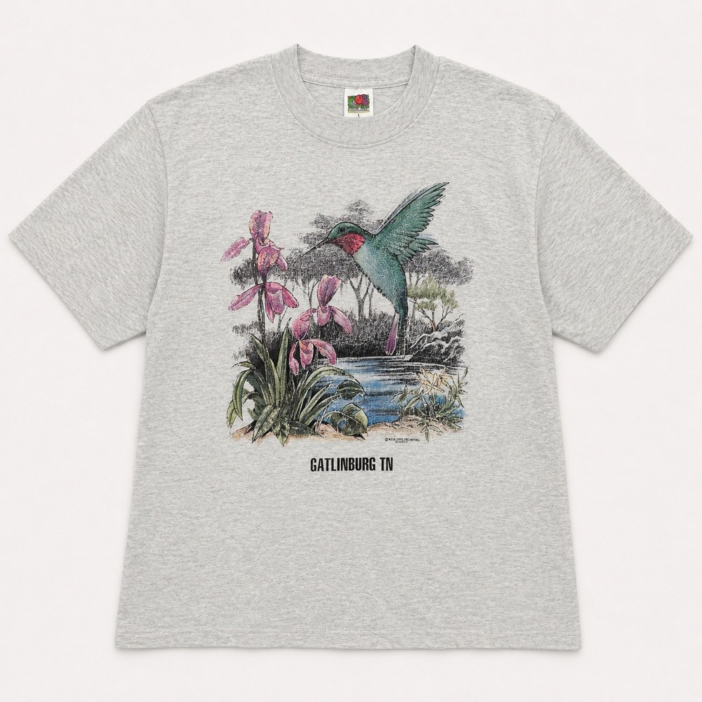 Vtg 90s Fruit of the Loom T-Shirt Pastel Hummingbird Gray Grannycore L